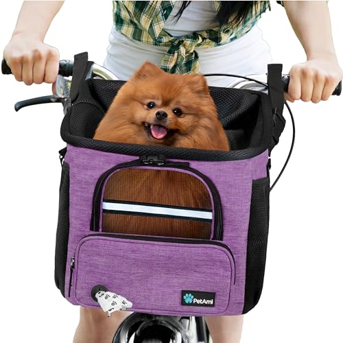 PetAmi Hunde-Fahrradkorbträger,Fahrradkorb für Hunde, Haustier, Fahrradlenker,belüfteter Haustier-Reiserucksack Auto-Sitzerhöhung für kleine Welpen, Sherpa-Bett, Sicherheitsgurt (lila) von PetAmi