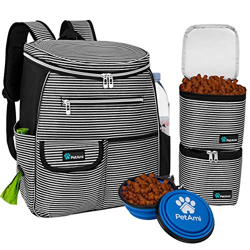 PetAmi Hunde-Reisetasche, Rucksack-Organizer mit Kotbeutelspender, mehrere Taschen, Futterbehälter-Tasche, faltbarer Napf,Wochenend-Reiseset für Wandern, Übernachtung, Camping, gestreift, schwarz von PetAmi