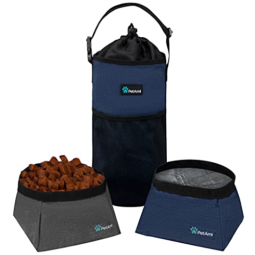 PetAmi Hundefutter-Reisetasche,Trockenfutter-Tragetasche für Hunde mit faltbaren Wassernäpfen für Hunde,Tierfutter-Reisebehälter Aufbewahrung für Camping, Zubehör (Marineblau, Grau) von PetAmi