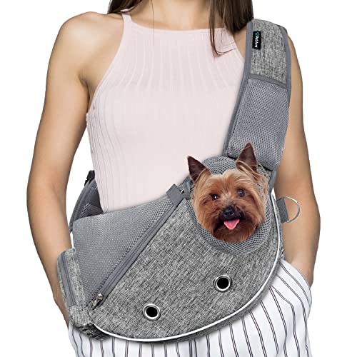 PetAmi Hundetragetasche für kleine Hunde, Welpen-Tragetasche, Tragetasche für mittelgroße Katze, verstellbare Crossbody-Haustierschlinge, atmungsaktives Netz, Kotbeutelspender, max. 2,3 kg, Grau von PetAmi