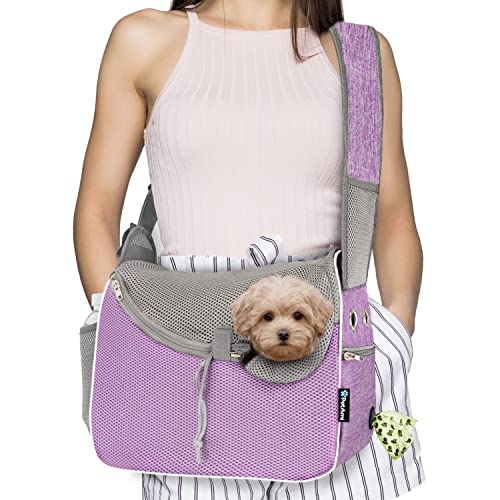 PetAmi Kleine Hundetragetasche, weiche Seiten, Crossbody-Welpen-Tragetasche, verstellbare Tragetasche, für mittelgroße Hunde, Katze für Reisen, atmungsaktives Netz, Sherpa-Bett, Violett von PetAmi
