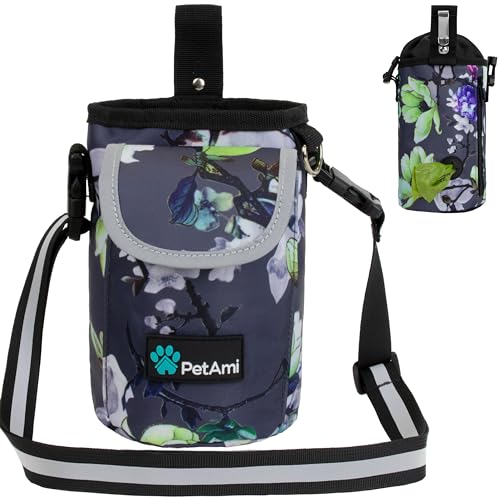 PetAmi Leckerli-Beutel mit großer Vordertasche, Hundetrainingstasche, Hüftgurt, Kotbeutelspender, zusammenklappbarer Schüssel, Haustierspielzeug, 3 Tragevarianten (Blumenmuster grau) von PetAmi