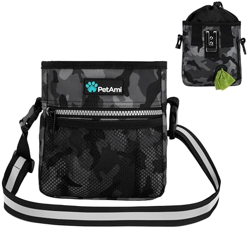 PetAmi Leckerli-Tasche für Hunde,Trainingstasche mit Taillen-Schultergurt, Kotbeutelspender und faltbarer Schüssel, Haustierspielzeug,3 Tragevarianten (Camo Black) von PetAmi