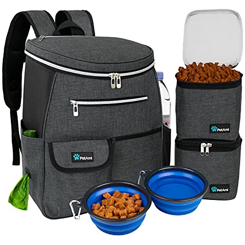 PetAmi Rucksack für Hunde | Rucksack Organizer mit Kotbeutelspender, Taschen, Futterbehälter, Tasche, Faltbarer Napf | Wochenend-Reise-Set für Wandern über Nacht Camping Road Trip (Anthrazit) von PetAmi