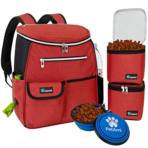 PetAmi Rucksack für Hunde | Rucksack Organizer mit Kotbeutelspender, mehrere Fächer, Futterbehälter, faltbare Schüssel | Wochenend-Reiseset für Wandern über Nacht Camping Reisen (rot) von PetAmi