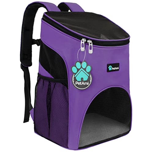 PetAmi Rucksack für kleine Hunde und Katzen, von Fluggesellschaften zugelassen, belüftet, Sicherheitsgurt, Schnallenstütze, entworfen für Wandern, Reisen, Camping, Outdoor, Violett von PetAmi