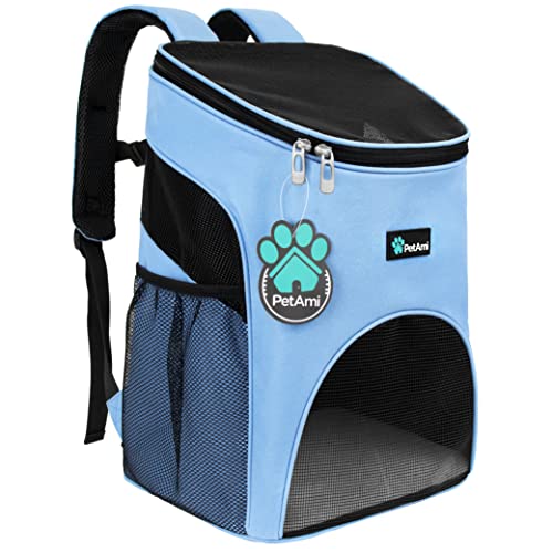 PetAmi Rucksack für kleine Hunde und Katzen, von Fluggesellschaften zugelassen, belüftet, Sicherheitsgurt, Schnallenstütze, entworfen für Wandern, Reisen, Camping, Outdoor (Hellblau) von PetAmi