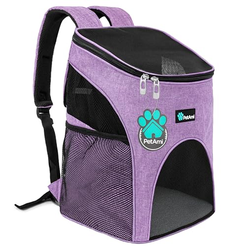 PetAmi Rucksack für kleine Hunde und Katzen, von Fluggesellschaften zugelassen, belüftet, Sicherheitsgurt, Schnallenstütze für Wandern, Reisen, Camping, Outdoor (Heather Purple) von PetAmi