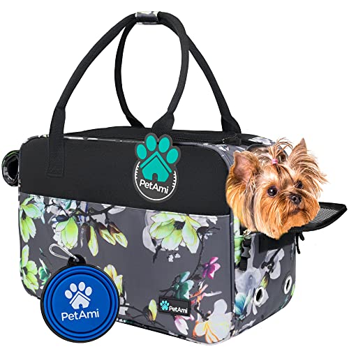 PetAmi Von Fluggesellschaften zugelassene Hundetasche,Weiche Seiten Haustier-Tragetasche für kleine Hunde, Katzen, Welpen, Kätzchen,Belüftetes atmungsaktives Netz, Sherpa-Bett (Floral Gray) von PetAmi