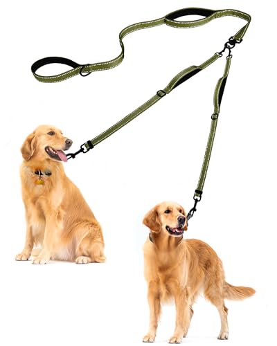 PetBonus Hundeleine Doppelleine für 2 Hunde, Keine Verwicklung Leine für 2 Hunde Groß, Verstellbar Reflektierend Doppelte Leinen mit 4 Gemütlich Gepolsterte Griffe (Armeegrün) von PetBonus