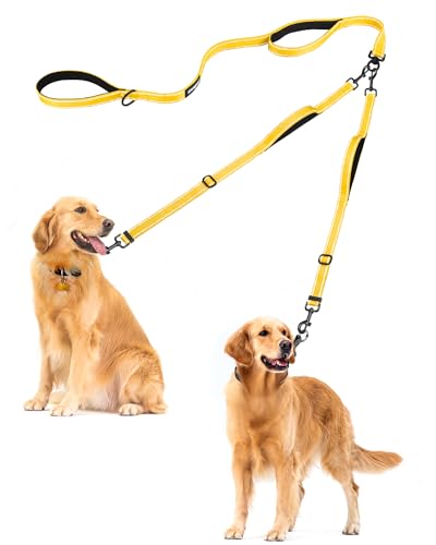 PetBonus Hundeleine Doppelleine für 2 Hunde, Keine Verwicklung Leine für 2 Hunde Groß, Verstellbar Reflektierend Doppelte Leinen mit 4 Gemütlich Gepolsterte Griffe (Gelb) von PetBonus