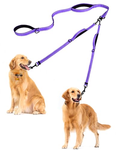 PetBonus Hundeleine Doppelleine für 2 Hunde, Keine Verwicklung Leine für 2 Hunde Groß, Verstellbar Reflektierend Doppelte Leinen mit 4 Gemütlich Gepolsterte Griffe (Lila) von PetBonus