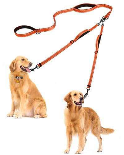 PetBonus Hundeleine Doppelleine für 2 Hunde, Keine Verwicklung Leine für 2 Hunde Groß, Verstellbar Reflektierend Doppelte Leinen mit 4 Gemütlich Gepolsterte Griffe (Orange) von PetBonus
