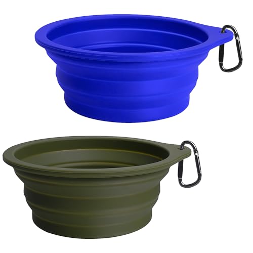 PetBonus Hundenäpfe Faltbar Hundenapf, 2 Stück Silikon Wassernapf für Hunde Unterwegs, Tragbar Auslaufsichere Reisenäpfe mit Karabiner für Hunde Katzen für Wasser und Futter (Armeegrün, Blau) von PetBonus