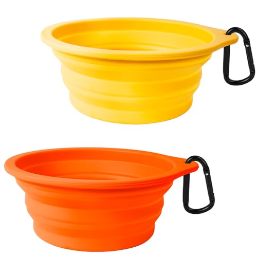 PetBonus Hundenäpfe Faltbar Hundenapf, 2 Stück Silikon Wassernapf für Hunde Unterwegs, Tragbar Auslaufsichere Reisenäpfe mit Karabiner für Hunde Katzen für Wasser und Futter (Orange, Gelb) von PetBonus