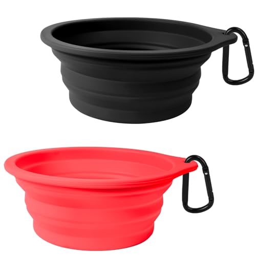 PetBonus Hundenäpfe Faltbar Hundenapf, 2 Stück Silikon Wassernapf für Hunde Unterwegs, Tragbar Auslaufsichere Reisenäpfe mit Karabiner für Hunde Katzen für Wasser und Futter (Schwarz, Rot) von PetBonus