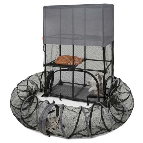 Catio Outdoor Katzengehege für Katzen & Kleintiere, Haustier Laufstall Katzenkletterer mit Abnehmbarem Haustiertunnel für den Innen- und Außenbereich von PetEase