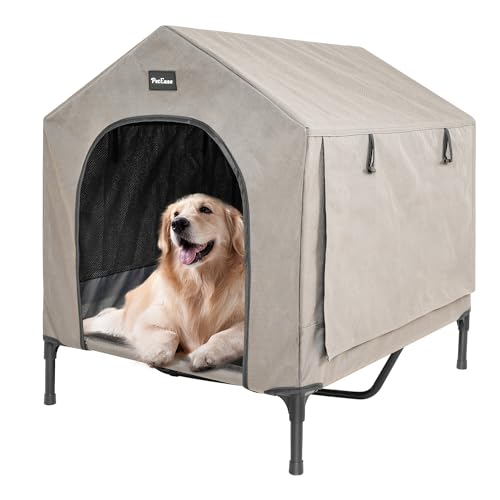 PETEASE 2-in-1-Hundehütte, erhöhtes Hundebett mit abnehmbarem Bezug, für drinnen und draußen, Welpenunterschlupfbett, erhöhtes Hundebett für große Hunde und Katzen (Braun, groß) von PetEase
