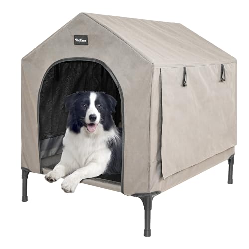 PETEASE 2-in-1-Hundehütte, erhöhtes Hundebett mit abnehmbarem Bezug, für drinnen und draußen, Welpenunterschlupfbett, erhöhtes Hundebett für mittelgroße Hunde und Katzen (Braun, mittelgroß) von PetEase