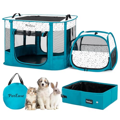 PETEASE Tragbarer Katzenlaufstall 2-in-1 Hundekreta, Faltbarer Haustierkäfig mit Katzenklo für Kaninchen, Welpen, Hamster, Indoor/Outdoor Katzen Gehege Käfige Zelt von PetEase