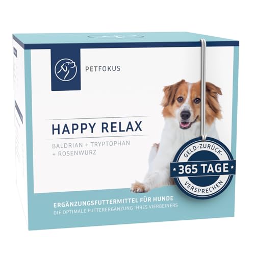 PetFokus Happy Relax | Einzigartige Formel für Hunde mit Baldrian, Melisse, L-Tryptophan und B-Vitaminen - hochwertige Nahrungsergänzung - 30 Sticks - in Deutschland produziert von PetFokus