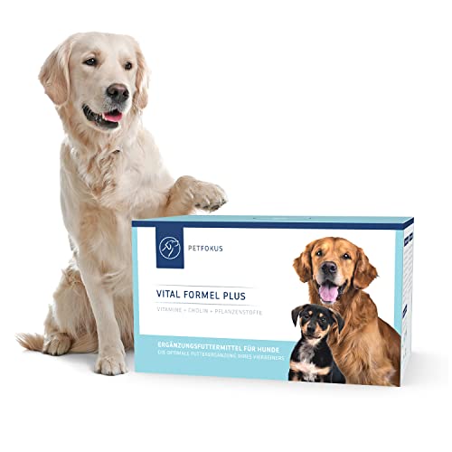 PetFokus Vital Formel Plus | unterstützt Verdauung, strahlendes Fell, Energie & Vitalität | Futterergänzung für Hunde | Vitamine, Mineral- & Pflanzenstoffe I Probiotika & Omega-3 | leckerer Geschmack von PetFokus