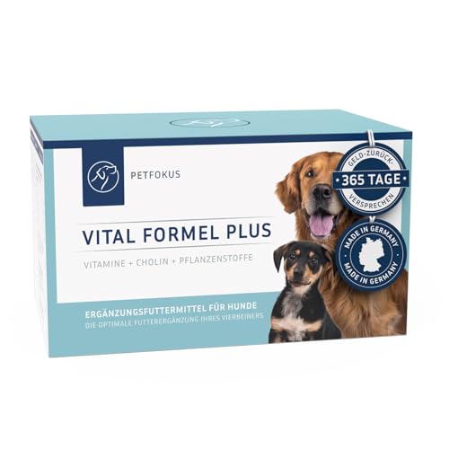 PetFokus Vital Formel Plus | unterstützt Verdauung, strahlendes Fell, Energie & Vitalität | Futterergänzung für Hunde | Vitamine, Mineral- & Pflanzenstoffe I Probiotika & Omega-3 | leckerer Geschmack von PetFokus