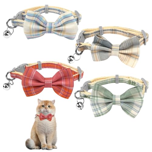 4 Stück Katzen Halsband Fliege Katzenhalsband mit Glocke ，Cat Collar Katze Halsbänder, Einstellbare Größe 22-29cm mit Sicherheitsverschluss, Geeignet für Katzen mit Einem Gewicht von 2,5kg -5k von PetGlimmer
