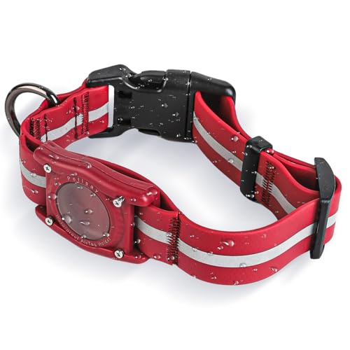 PetIsay Wasserdichtes Hundehalsband mit integriertem AirTag-Halter, IP68-bewertet, reflektierend, verstellbar, Biothane-Halsband für kleine, mittelgroße und große Hunde (Rot, L) von PetIsay