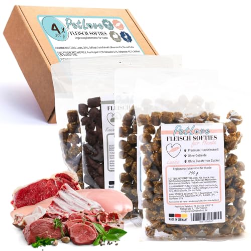 PetLove 100% Fleisch Softies für Hunde • Hundeleckerli ohne Getreide • Hoher Fleischgehalt • Hunde Leckerlis für Training • Mix (Gans, Lachs, Kaninchen, Strauß) 6X 4er Mix (24 Tüten) von PetLove