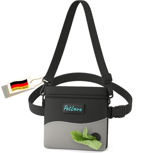 PetLove Leckerlibeutel für Hunde • Futterbeutel mit Magnetverschluss • Inklusive Kotbeutelspender & verwendbar als Bauchtasche • Grau von PetLove