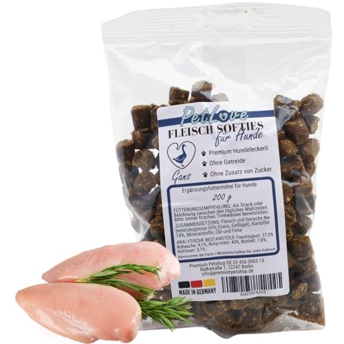 PetLove Fleisch Softies für Hunde • Hundeleckerli ohne Getreide • 63% Fleischgehalt • Hunde Leckerlis für Training • Gans (200g) von PetLove