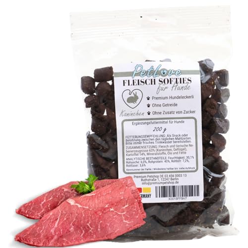 PetLove Fleisch Softies für Hunde • Hundeleckerli ohne Getreide • 63% Fleischgehalt • Hunde Leckerlis für Training • Kaninchen (200g) von PetLove