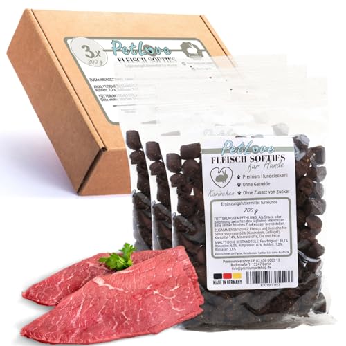 PetLove Fleisch Softies für Hunde • Hundeleckerli ohne Getreide • 63% Fleischgehalt • Hunde Leckerlis für Training • Kaninchen (3x200g) von PetLove