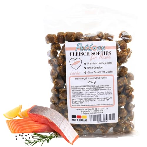 PetLove Fleisch Softies für Hunde • Hundeleckerli ohne Getreide • 63% Fleischgehalt • Hunde Leckerlis für Training • Lachs (200g) von PetLove