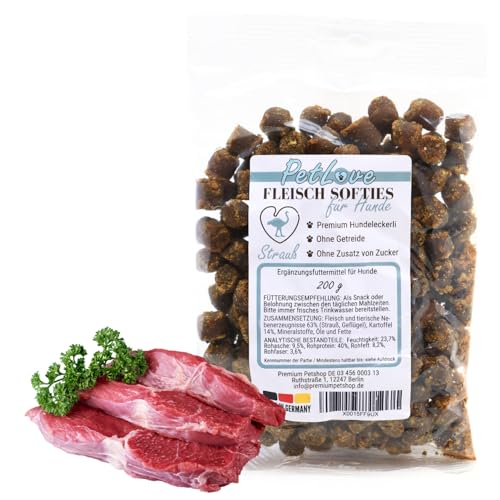 PetLove Fleisch Softies für Hunde • Hundeleckerli ohne Getreide • 63% Fleischgehalt • Hunde Leckerlis für Training • Strauß (200g) von PetLove