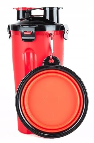 PetMix - 2in1 Reisenapf Flasche mit Trinknapf praktischer - Wasserspender für Hunde - Trinkflasche Hunde für Unterwegs - Petkit - Hundetrinkflasche -Welpen Zubehör - Wasserflasche (Rot, 350ml +250g) von PetMix