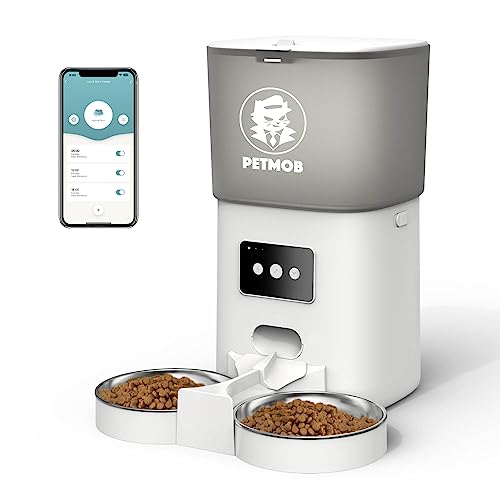 PetMob Automatischer WiFi Katzenfutterautomat Doppelnapf für Katzen und Hunde, App-gesteuert, 6L Trockenfutterspender, Zeitgesteuerte/geplante Mahlzeiten, Abnehmbarer Edelstahlnapf, Dual Power, von PetMob