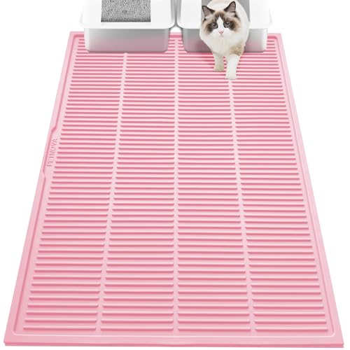 PetNova Extra große Katzentoilettenmatte, 101,6 x 76,2 cm, Silikon, wasserdicht, Rillen-Design, leicht zu reinigen, für mehrere Katzen, Jumbo-Katzenbox-Teppich für den Boden, Rosa von PetNova