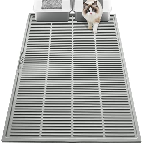 PetNova Extra große Katzentoilettenmatte, 101,6 x 76,2 cm, Silikon, wasserdicht, Rillen-Design, leicht zu reinigen, für mehrere Katzen, Jumbo-Katzenbox-Teppich für den Boden, kühles Grau von PetNova