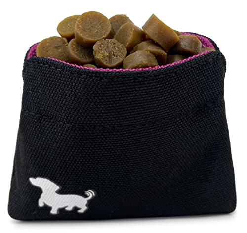 Waggly Hundeleckerli-Tasche – kleine Hundeleckerli-Tasche mit Clip und magnetischer Öffnung – stilvolle Hundeleckerli-Tasche im Taschenformat für das Training – schwarz mit rosa Innenseite von PetPal