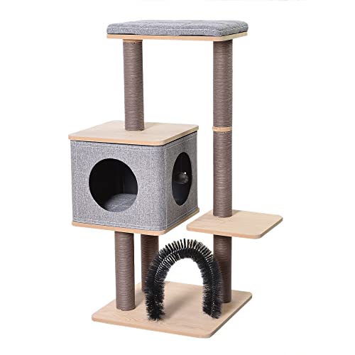 PetPals Premium minimalistischer hölzerner Katzenbaumturm - Modernes Design für Hauskatzen - Hoher Katzenbaum - Kletterturm mit Katzenhaus & Kratzpfosten - Passt zu Ihrer Wohnkultur. von PetPals