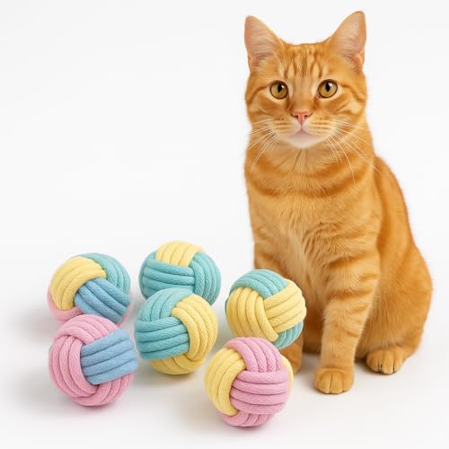 PetPrana Katzen-Kaubälle - 6er-Pack Seil-Katzenspielzeug mit Knistergeräusch, weich und langlebig, für Indoor-Katzen, Kätzchen, Zähne und Zahnfleischgesundheit von PetPrana