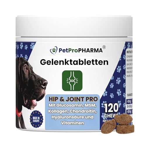 PetPro PHARMA - Hip & Joint Pro – Gelenkschutz für Hunde & Katzen – MSM, Glucosamin, Chondroitin & Kollagen – Gelenktabletten für Hüfte, Gelenke & Beweglichkeit – 120 Kautabletten, 360 g von PetPro PHARMA