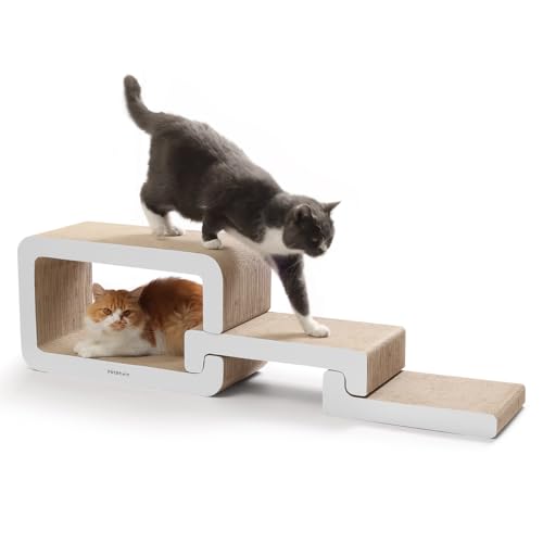 PetRhein 3-in-1 Kratzbrett, Groß XXL Kratzpappe für Katzen,Multifunktionales Kratzmöbel mit Rampe & Höhle,flexibel ausziehbar bis 116 cm,robust durch Wabenstruktur,Kratzmatte für mehrere Katzen von PetRhein