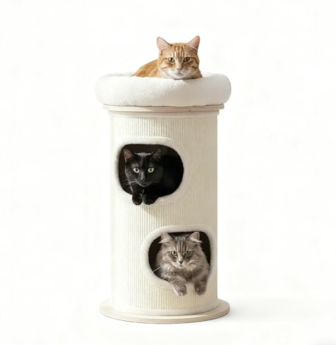 PetRhein Kratzbaum aus Sisal mit Höhle & Plüschrand, Höhe 89 cm, Stabiler Katzenbaum für kleine&große Katzen, perfekte Krallenpflege & Beschäftigung, Liegefläche Oben auf Kleiner Stellfläche, Ø 48 cm von PetRhein