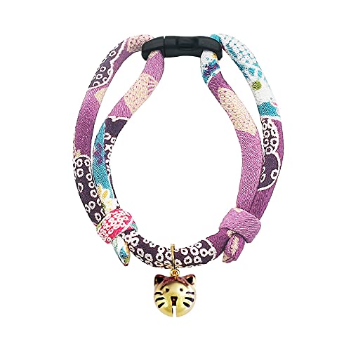 PetSoKoo Katzenhalsband mit Glöckchen, japanisches Chirimen, weich und leicht, Standard 16-32 cm, Violett von PetSoKoo