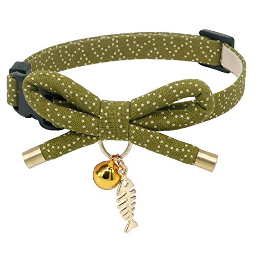 PetSoKoo Katzenhalsband mit Schleife und Glöckchen Japanischer stilvoller Bowknot und Fisch-Anhänger Sicherheitsverschluss, weich, leicht, für Mädchen, Jungen, männliche Katzen, Kätzchen, Grün von PetSoKoo