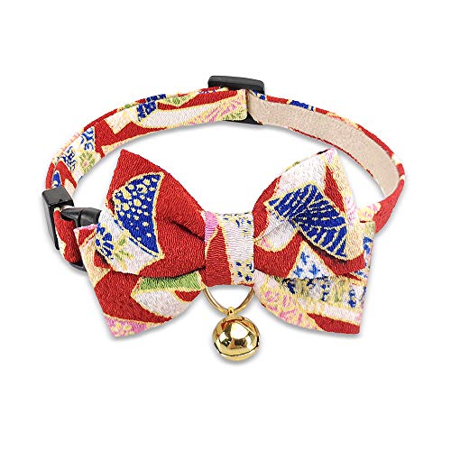 PetSoKoo Katzenhalsband mit doppelter Fliege und Glöckchen, Schleifen-Cluster-Muster, japanisches Kimono, süßes Katzenhalsband für Mädchen, Jungen, Katzen, weich, rot von PetSoKoo