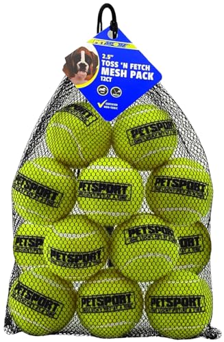 PetSport Hundespielzeug, Tennisball, Größe M, 6,3 cm, mit Tragetasche, zum Apportieren, Schleudern oder Werfen im Hundepark, passend für Standard-Ballwerfer, Gelb, 12 Stück von PetSport